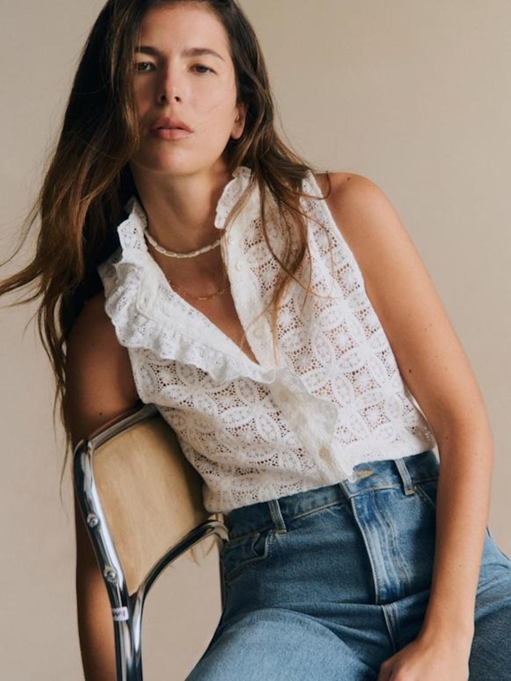 Sezane Sleeveless Lace Ruffle Button Blouse